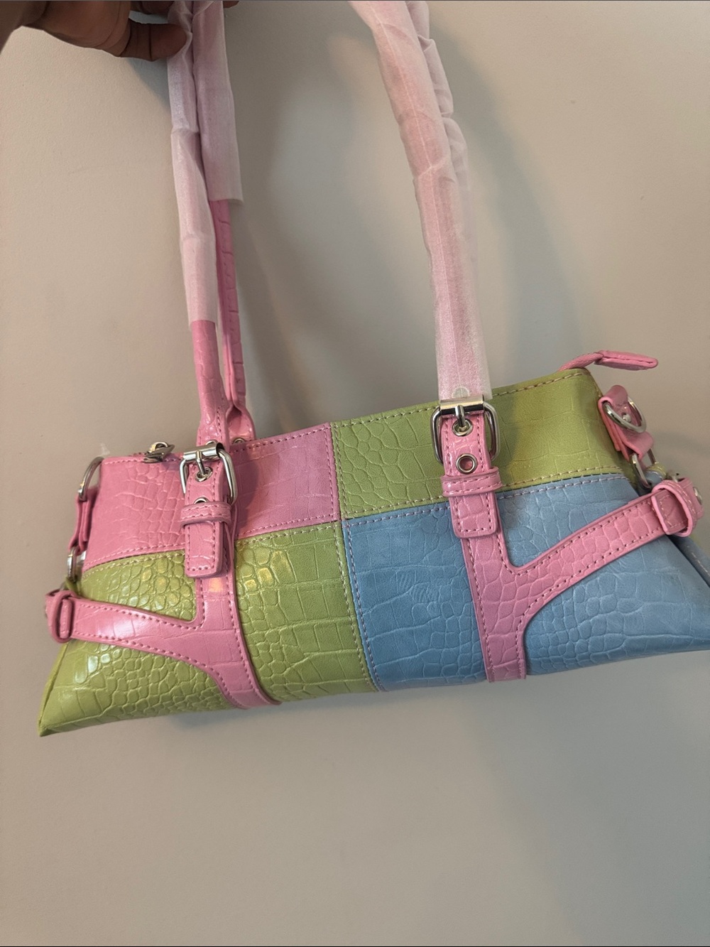 Dolls Kill Pastel Patchwork Shoulder Bag in Pink, Blue & Green